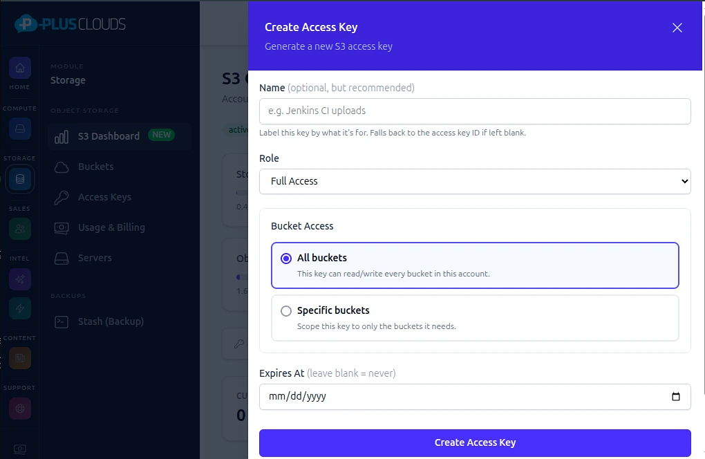 Create access key panel — PlusClouds S3